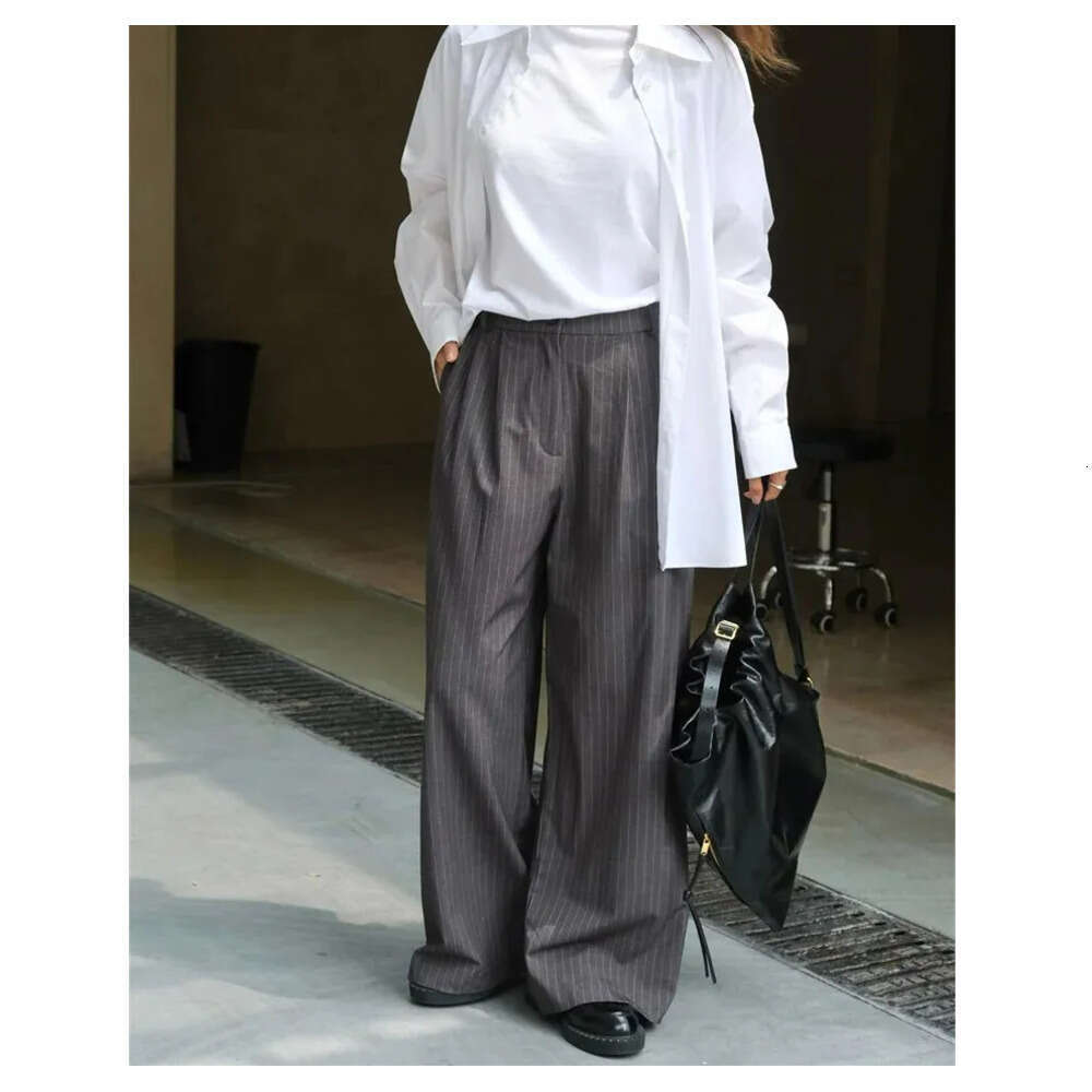 HanOrange Autumn Casual Waist Splicing Striped Pants Womens Loose Wide Legs Felt Trouser Grey Z260312