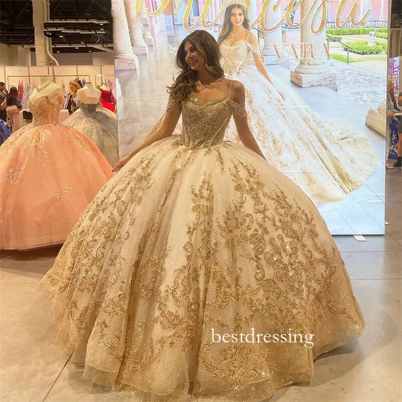 Champagne Gold Quinceanera Dress Straps Off Shoulder Sweet 16 Years Gowns Birthday Party Princess Puffy Ball Gown Formal Vestidos 322 B0313