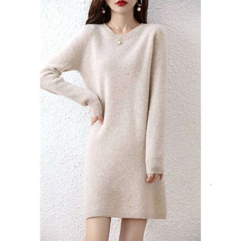 Knit Dresses for Women's Fashion Sweater 100% Merino Wool Winter Ladies O-Neck Warm Knitted Dress Fall Female Casual Black Skirt Z260313