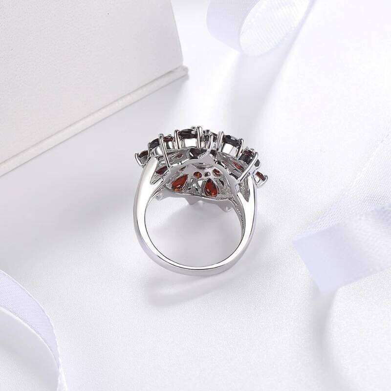 Hot Classic Silver Color Inlaid Garnet Red Zircon Flower Shape Ladies Banquet Ring Jewelry Whole Sale H260312