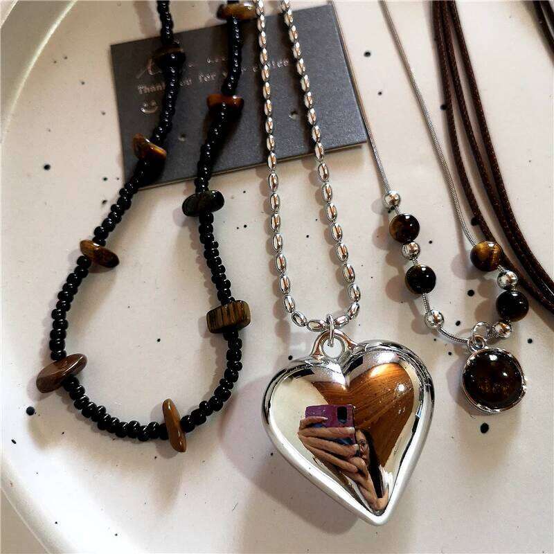 Kpop Trendy Punk Vintage Stones Heart Pendant Necklace For Women Men Gothic Hip-Hop Fashion Aesthetic Charm Jewelry Accessories H260312