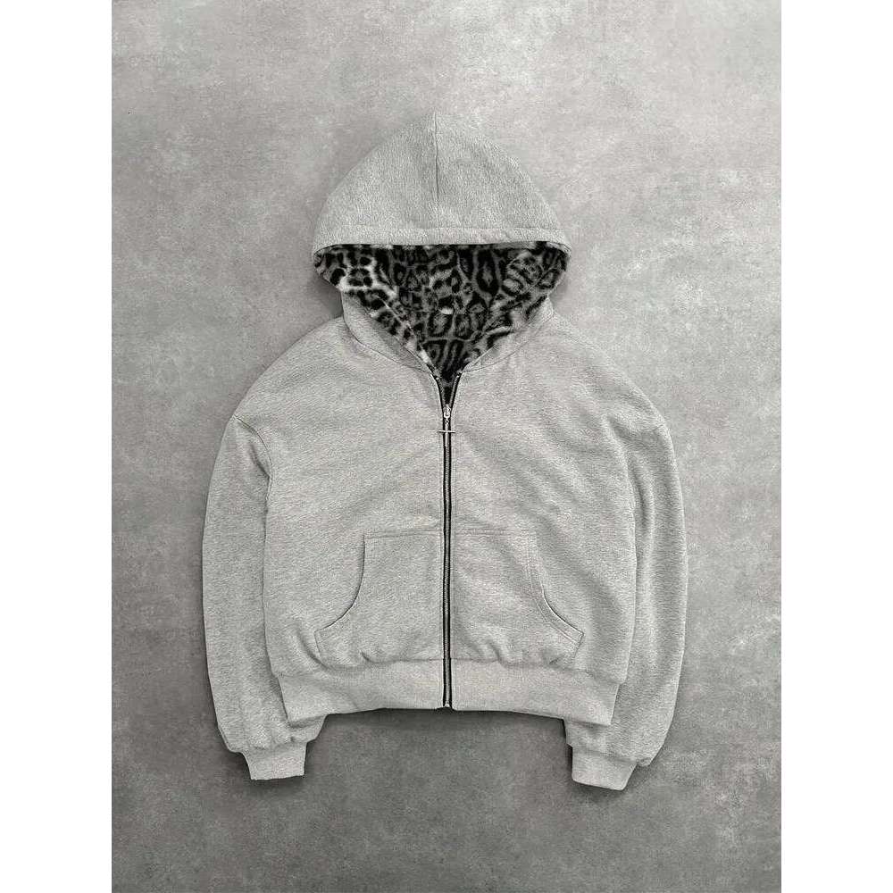 Unisex hoodie hooded sweatshirt with leopard print lining pocket, loose cardigan, zipper sweatshirt, streetwear style Z260315