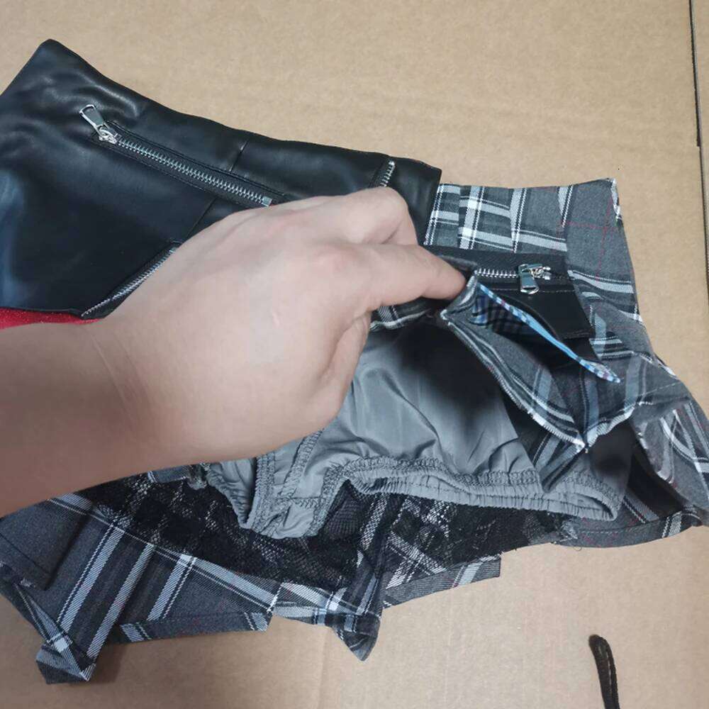 2025 Trendy Women Plaid Leather Patchwork Design Mini Skirts Y2k Streetwear Female Modern Punk Irregular Short Pleated Skirt