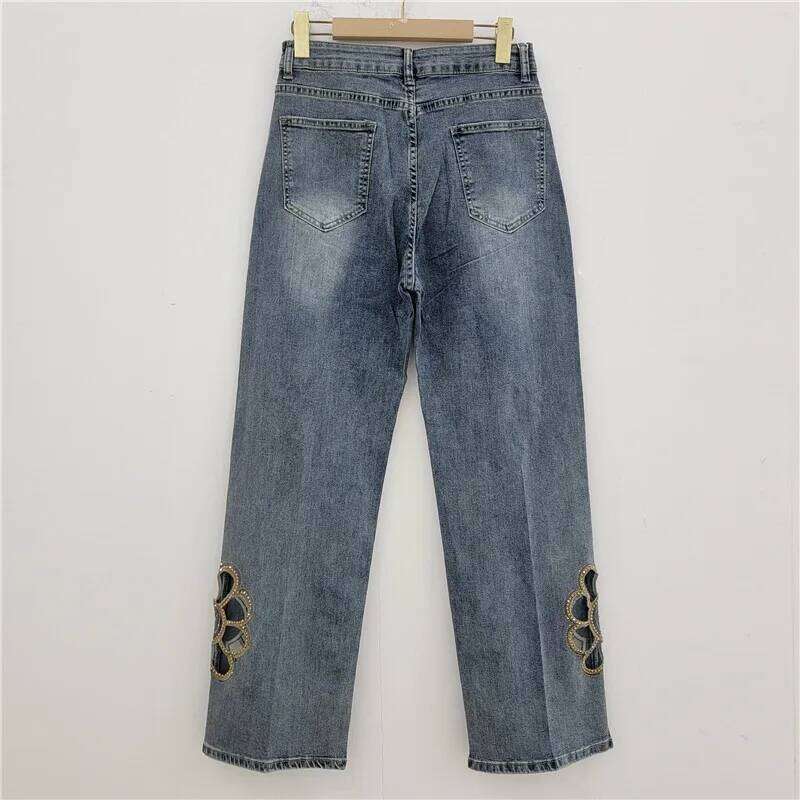 YEAE women's high-waisted hot embroidered hollow-out meat-covering and thin denim straight-leg pants Z260313
