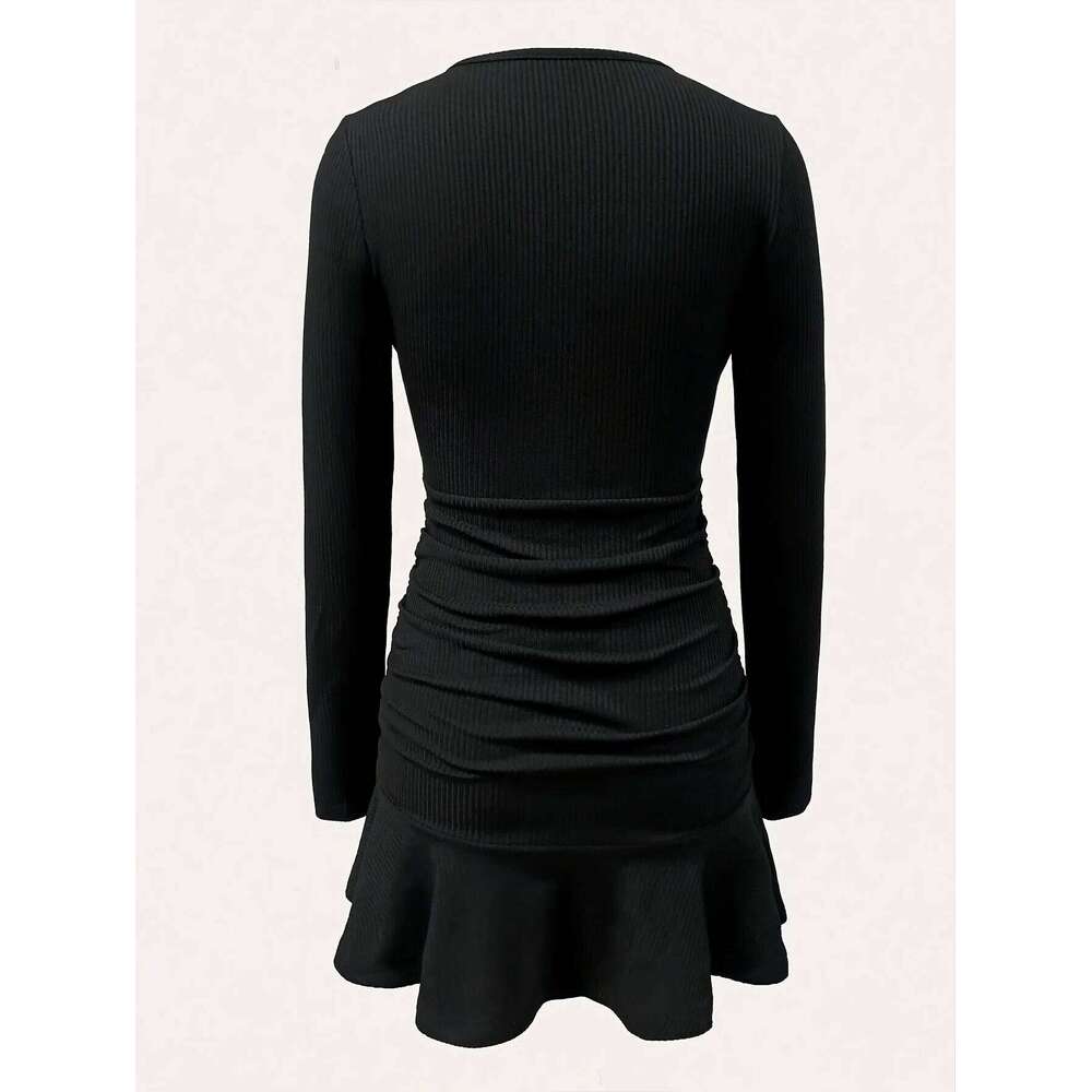 Directed Women's Autumn Winter Knitted Solid Color Slim Fit V-Neck Long Sleeve Elegant Dress Z260314