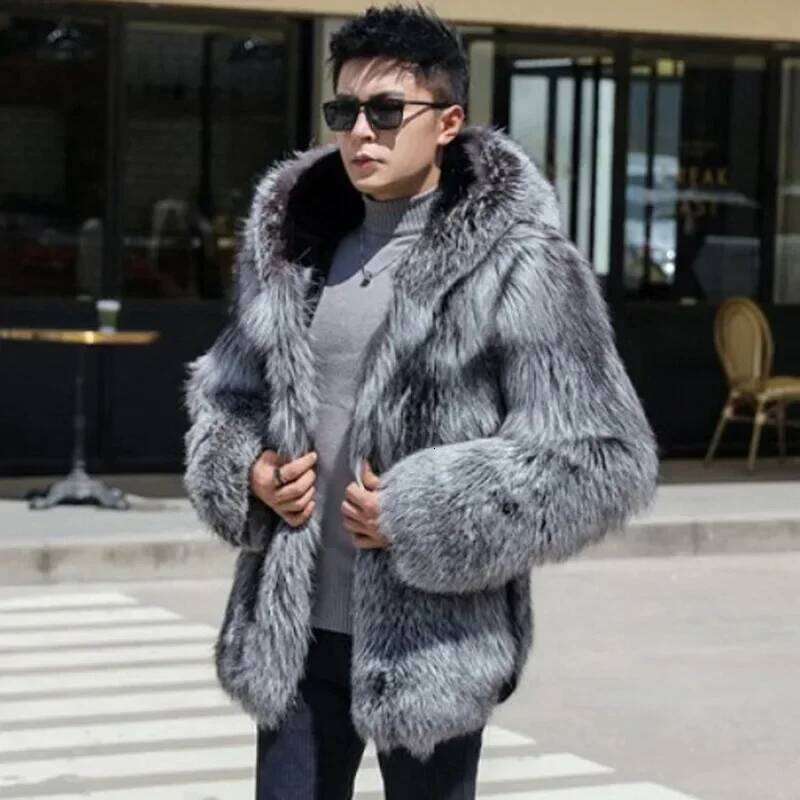 Fur Coat Men Autumn Winter Hooded Thick Faux Fox Jacket Long Sleeve Warm Luxury Black Parkas Bontjas Shaggy Outerwear JJ1000 Z260313