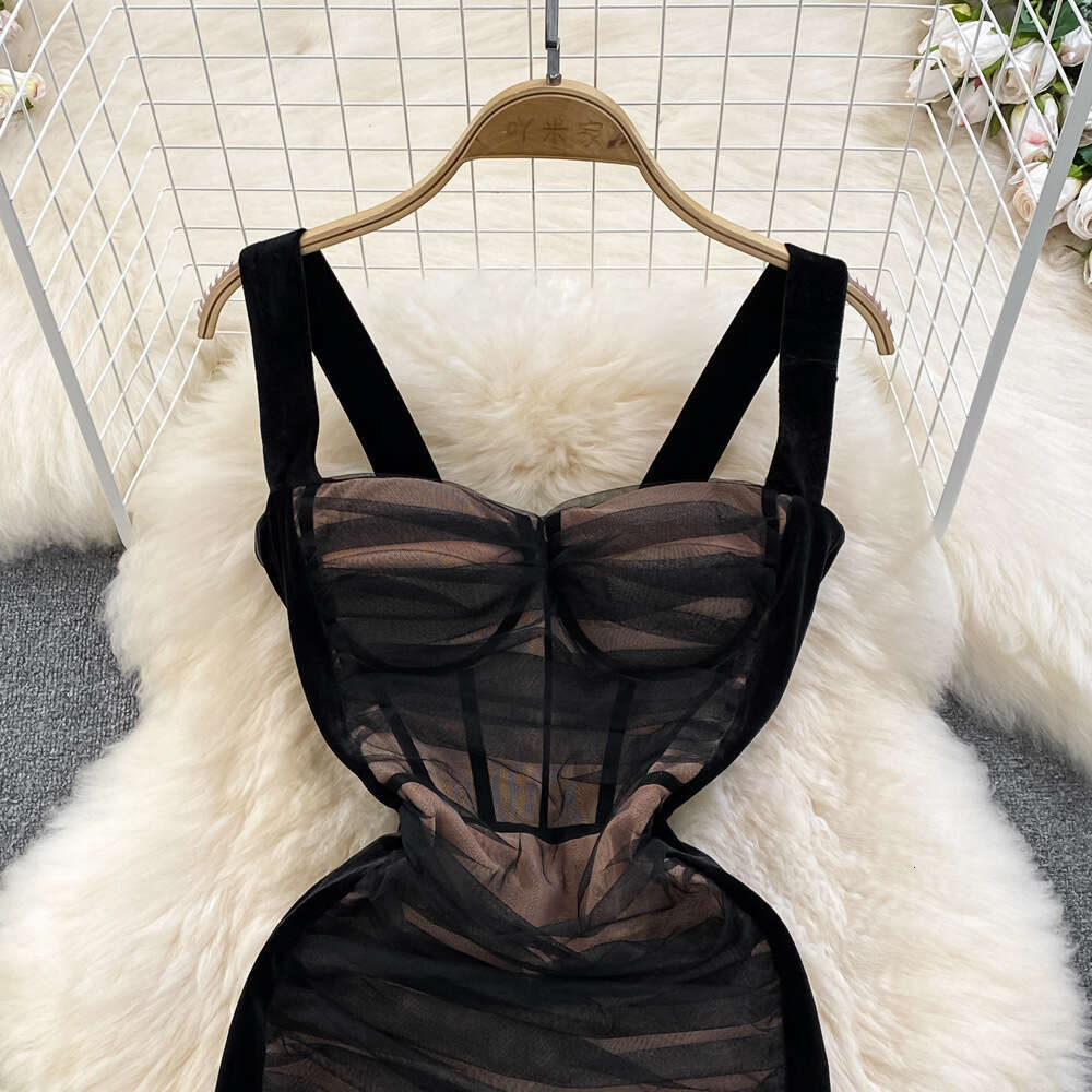 Cross-border hot girl style strapless dress, summer A15 fashion mesh pleated elastic slim-fit bodycon dress
