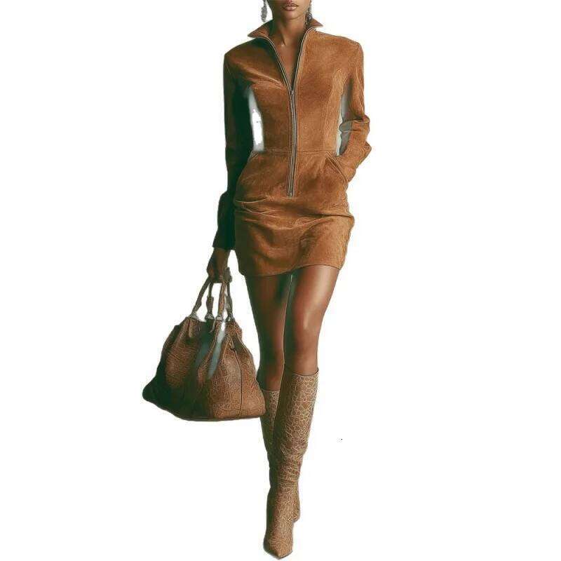 Western Retro Solid Suede Dresses Woman Turn-down Collar Zipper Slim Hips New Fall Long Sleeve Irregular Dress 2025 Z260313