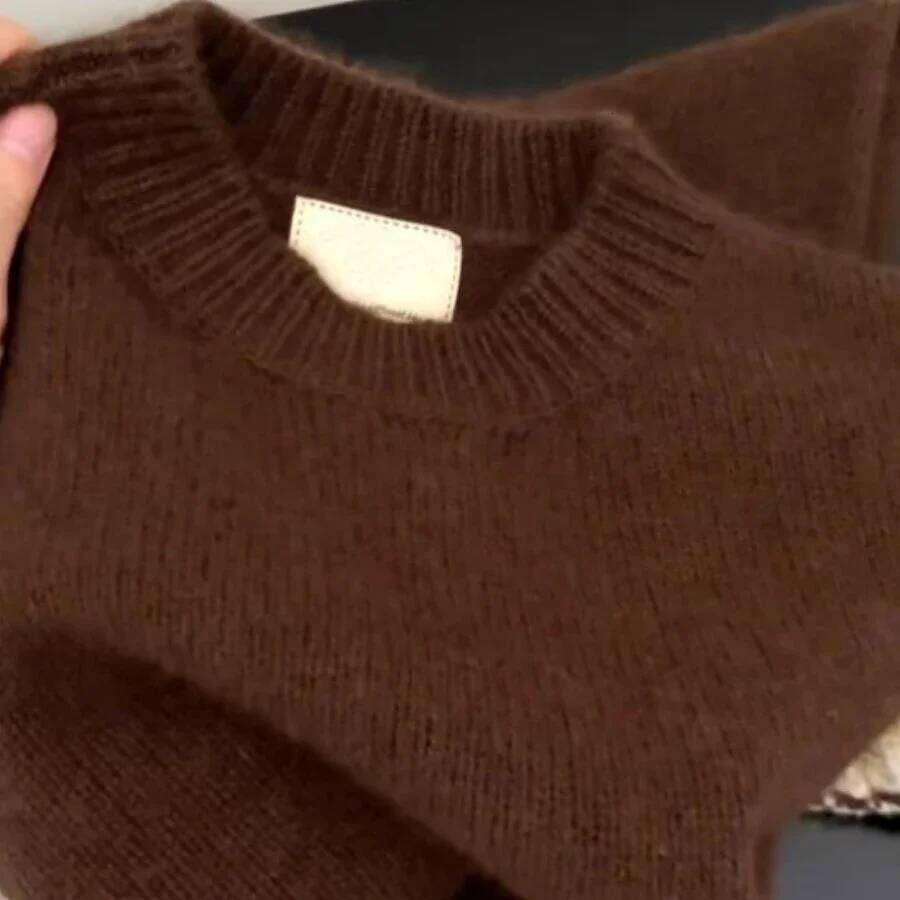 Korean Coffee Round Neck Sweater For Women Thickened Autumn Winter Soft Loose Lazy Style Splicing Colored Knitted Pullover Z260313