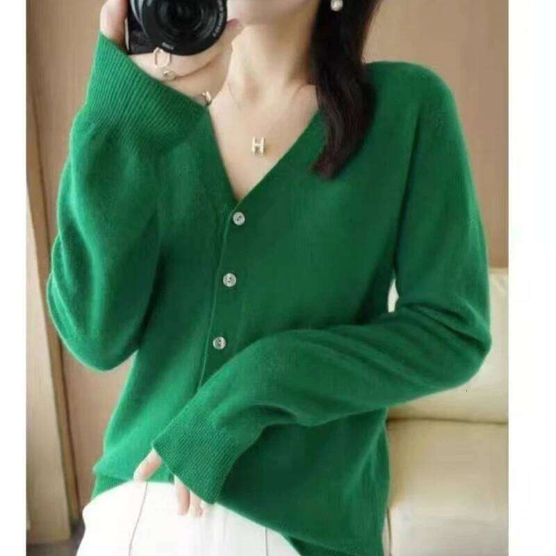 Women V-neck Long Sleeve Knitted Outerwear Solid Thin Spring Autumn Sweaters Knitwears Korean Fashion Red Cardigans Z260313