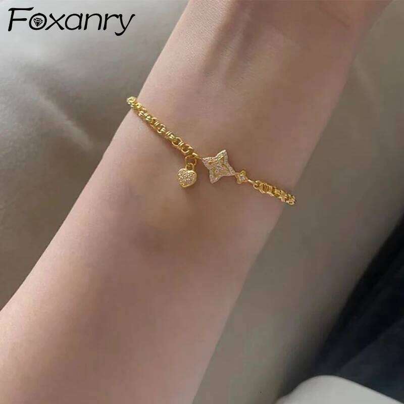 Foxanry Gold Color Star Love Heart Pendant Bracelets For Women Girls Simple Vintage Elegant Sweet Wedding Bride Jewelry Gifts Z260313
