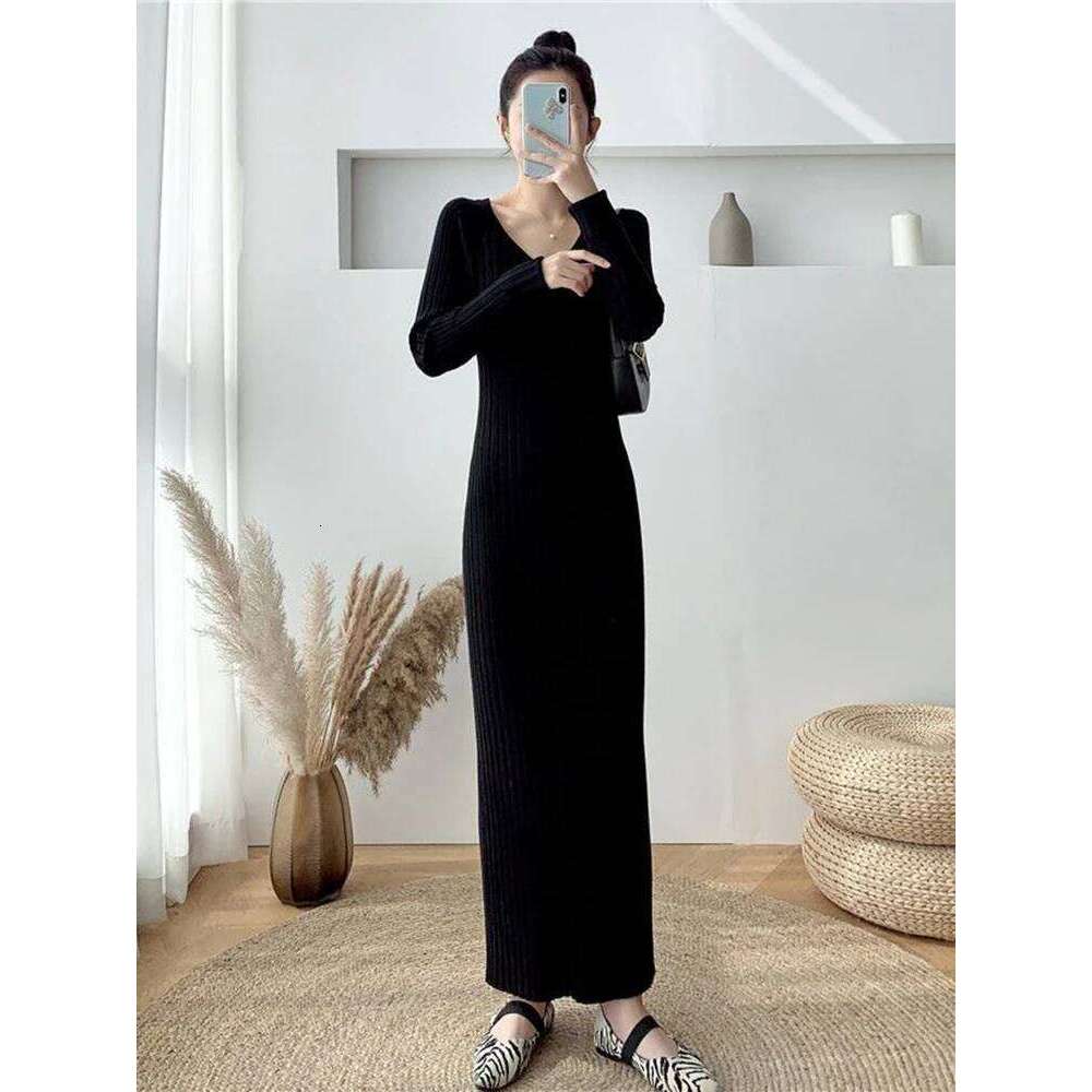 Zoki Elegant Solid Women Knitted Simple Korean Slim Long Sleeve Ankle Length Casual V Neck Office Ladies Chic Dress Z260313