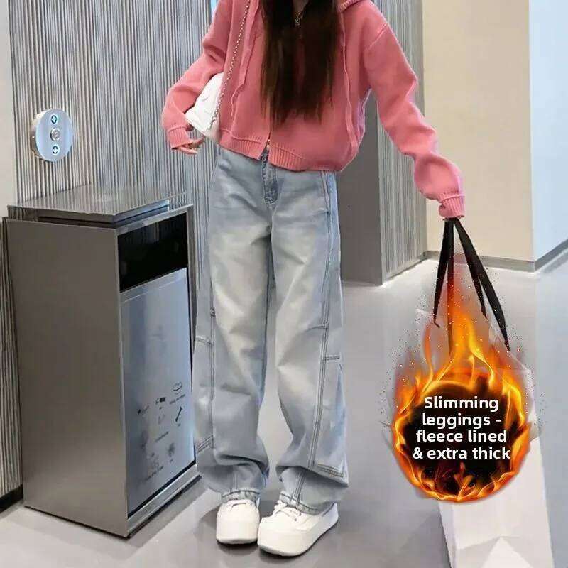 Plus Size Women's Winter Thick Fleece-Lined Wide-Leg Straight Jeans for Pear-Shaped Figures Z260313