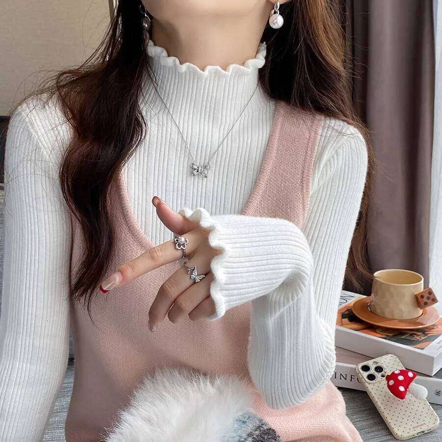 Autumn Winter Turtleneck Knitted Pullovers 2025 Women Long Sleeve Soft Tops Casual Versatile Ruched Sweater Slim Base Layer Top Z260314