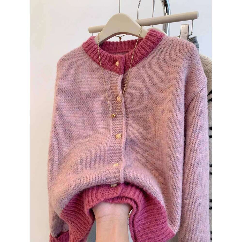 Single Breasted Pink Short Sweater Coat For Women Autumn Winter Lazy Small Knitted Cardigan Female O-Neck Splicing Color Top Z260313