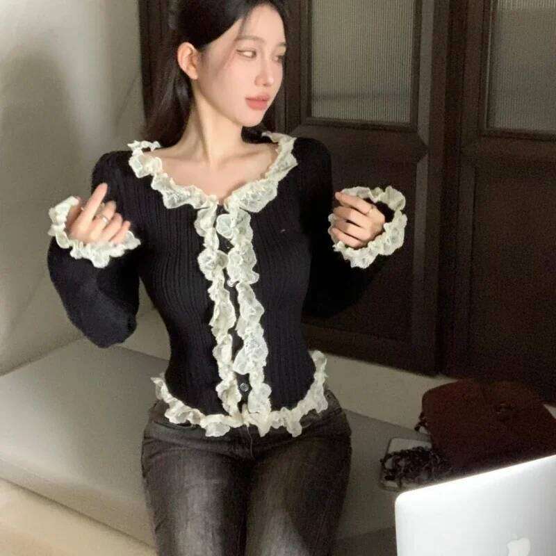 Women Cardigan Lace Patchwork Knitted Basic Tops Button-up Autumn Hotsweet Crop Sweater All-match Elegant Tender Casual Daily Z260313