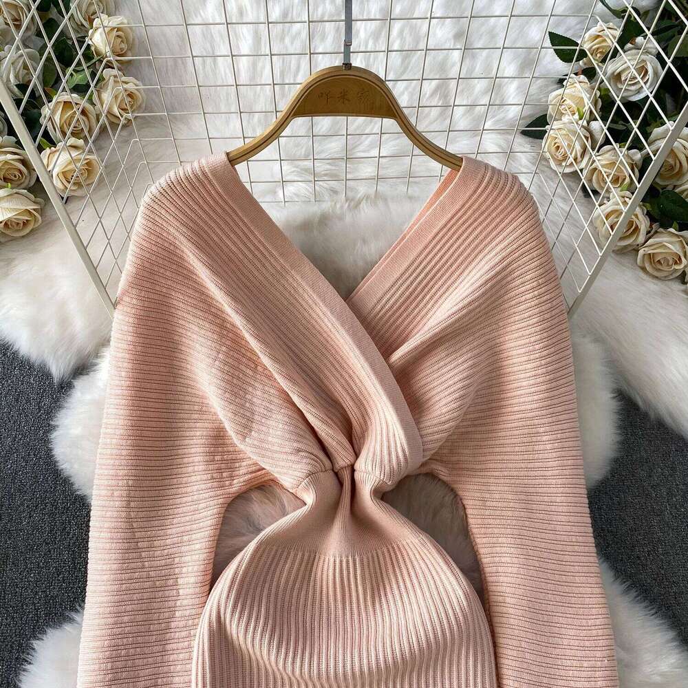 REALEFT Autumn Winter Elegant Front Cross V-neck Knitted Wrap 2025 High Waist Long Sleeve Casual Sweater Dresses Female Z260313