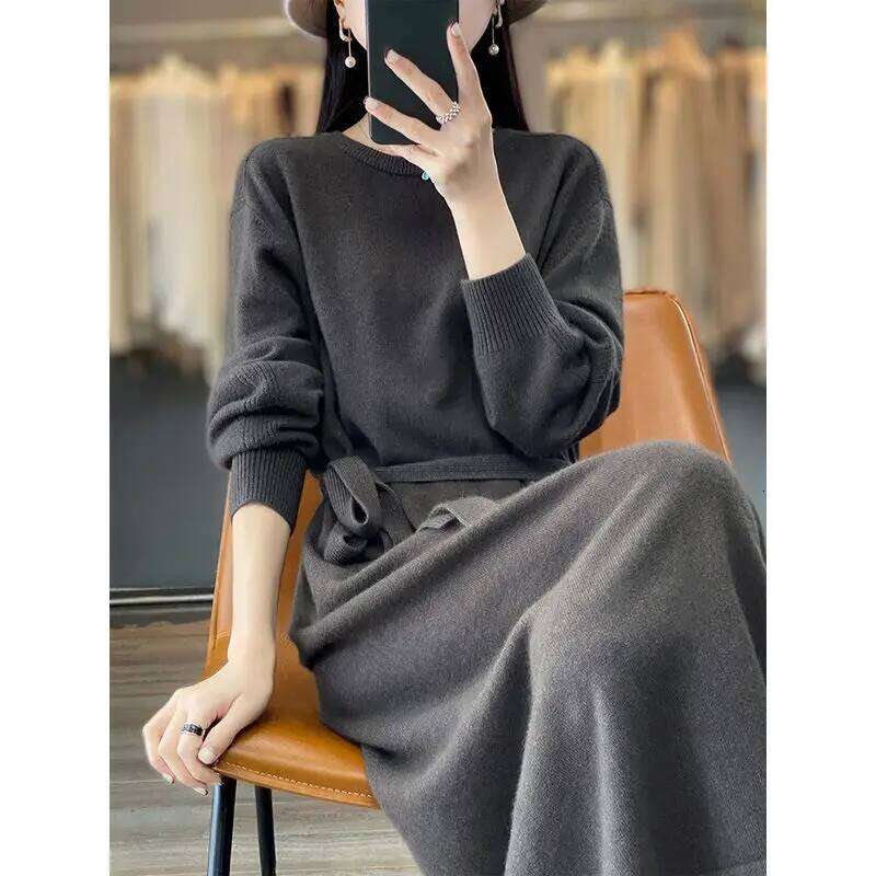 Autumn Winter Women Korean Fashion Lace-up Elegant Basic Knitted Dresses Solid O Neck Long Sleeve Loose Chic Sweater Dress Robe Z260313