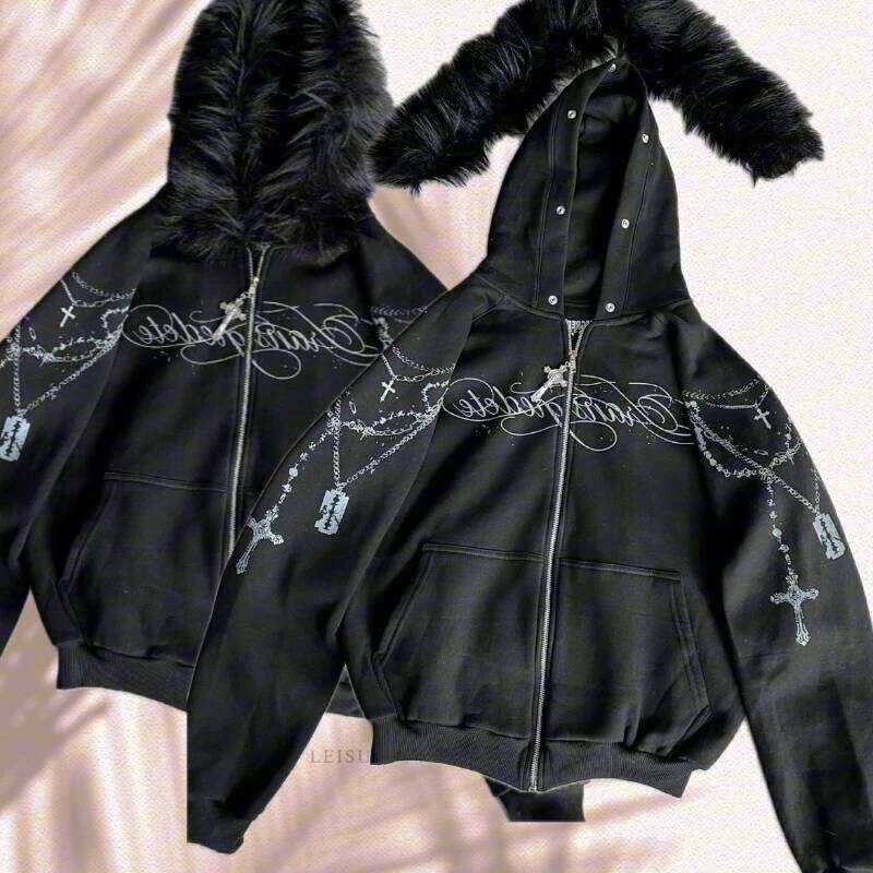 American retro autumn winter thick jacket Gothic printing drawing loose zipper sweatshirt men and women hoodie streetwear Z260314