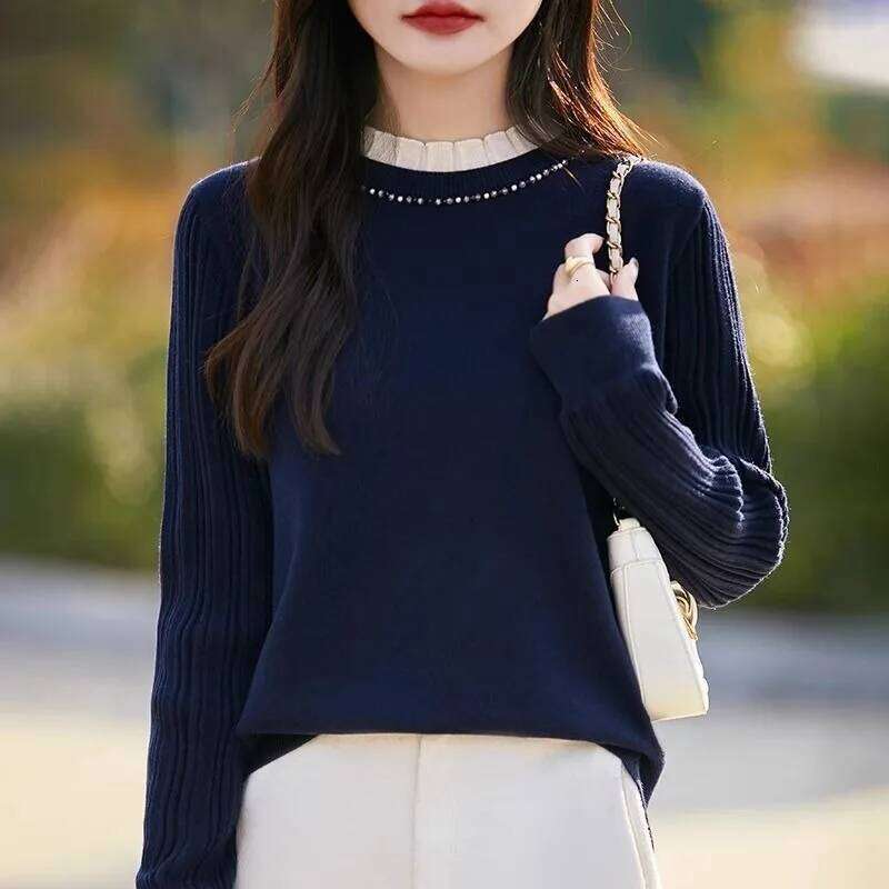 Solid Color Pullover Women's Beaded Loose Fashionable Bottoming Knitted Sweater Autumn and Winter Top Z260313