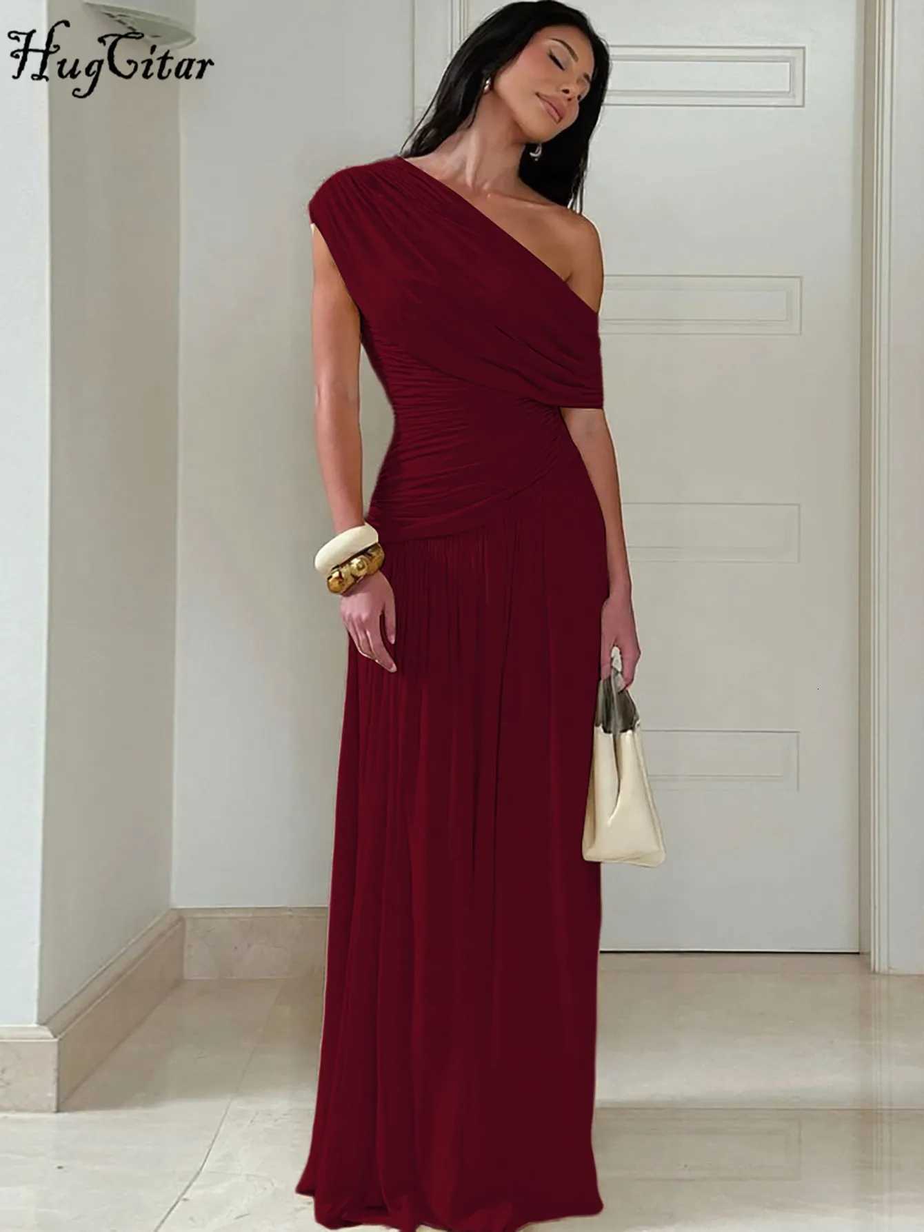 Hugcitar One Shoulder Ruched Sleeveless Solid Pleated Sexy Irregular Y2K Maxi Dress Summer Elegant Party Women Clothes VacationT260316