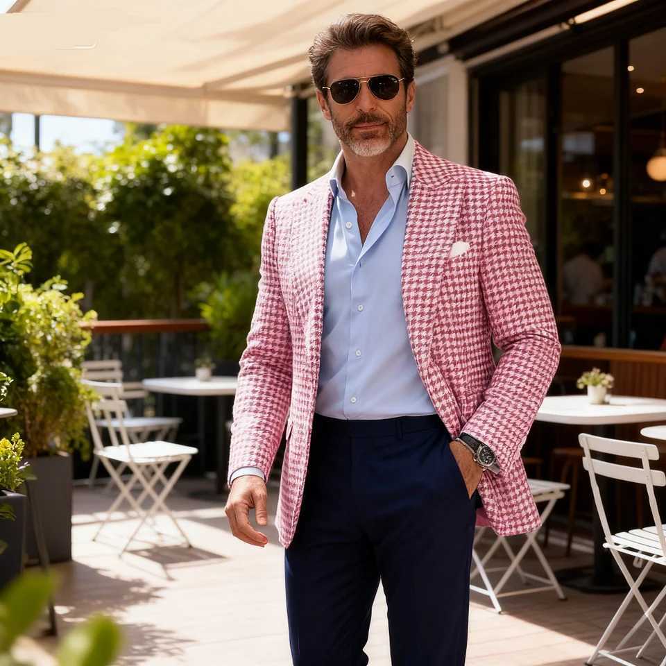 Rosa Houndstooth Terno Jaqueta De L Business Blazer Unique Top Breasted Slim Fit Check Wedding Suit Ternos M260313