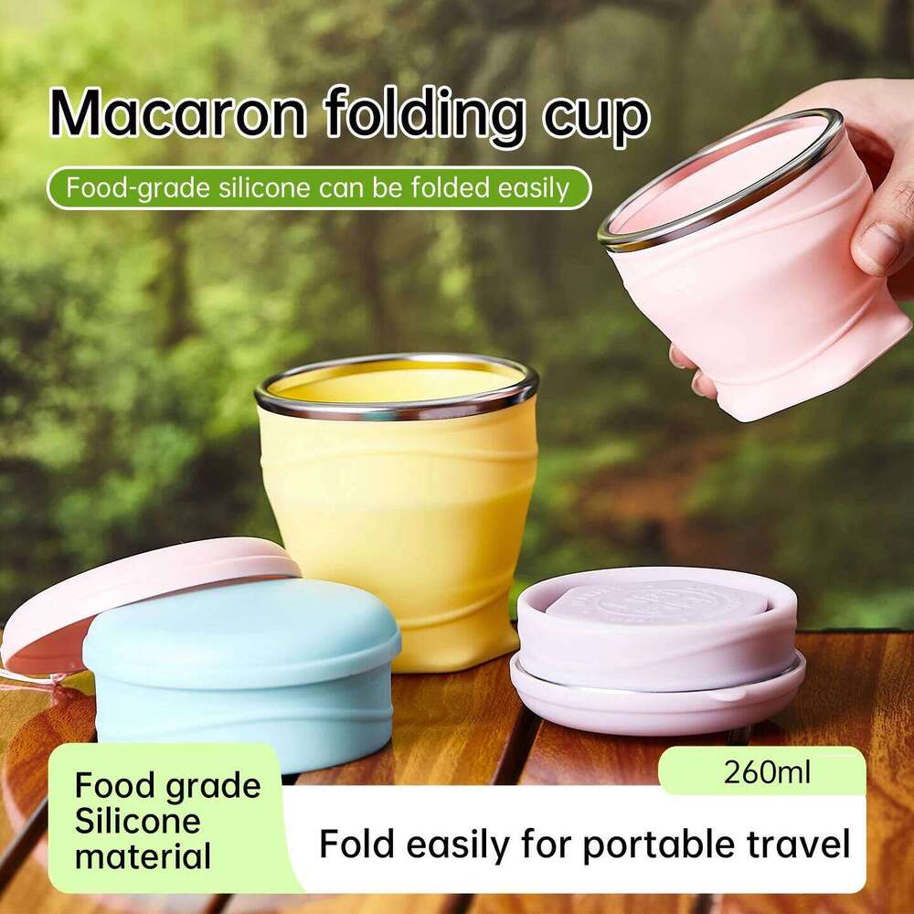 Portable Outdoors Silicone Folding with Lid for Camping Travel Water Cup 260ml 180ml Mini Pocket Coffee Cups Heat Resistant Z260313