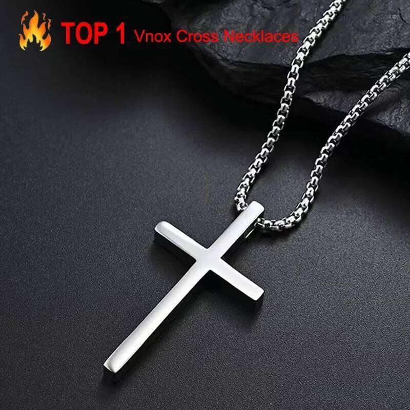 Vnox Necklace for Men Women, Silver Color Plain Cross Pendant Collar with Stainless Steel Box Chain H260312