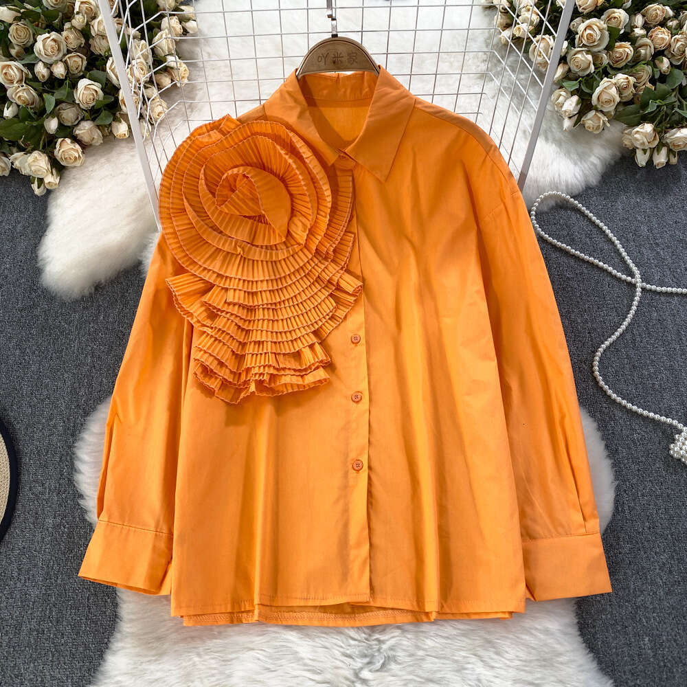 2026 Spring and Autumn A14 Fashion Long Sleeve Sweet Ruffle Edge Splicing Three Dimensional Large Flower Loose Women's Casual Shirt