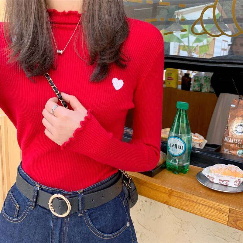 Embroidery Turtleneck Ruched High Elastic Solid 2025 Fall Winter Fashion Sweater Women Slim Sexy Knitted Pullovers Z260313