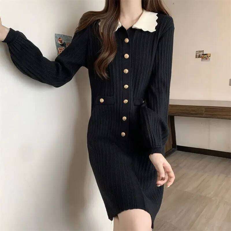Casual Doll Collar Knitted Midi Dress Women's Clothing Solid Color Spring Autumn Single-breasted Long Sleeve Straight Dresses Z260314