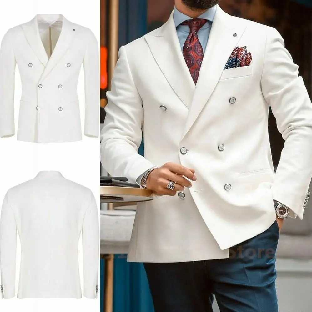 2024 Fashion Ivory New Mens Casual Boutique Slim Double Breasted Solid Color Business Wedding Suit Blazers Dress Jacket Coat M260313