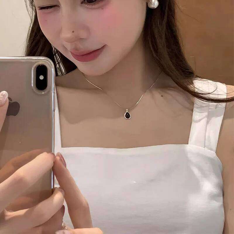 Foxanry Black Zircon Water Drop Snake Chain Necklaces For Women Couples Minimalist Classic Trendy Elegant Daily Accessories H260312