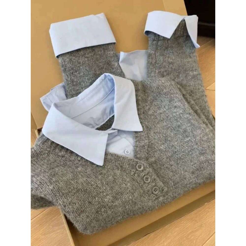 Women's New Style Grey Blue Contrast Sweater Fake Two Piece Stacked Spring Autumn Korean Turn-down Collar Design Knitted Top Z260313