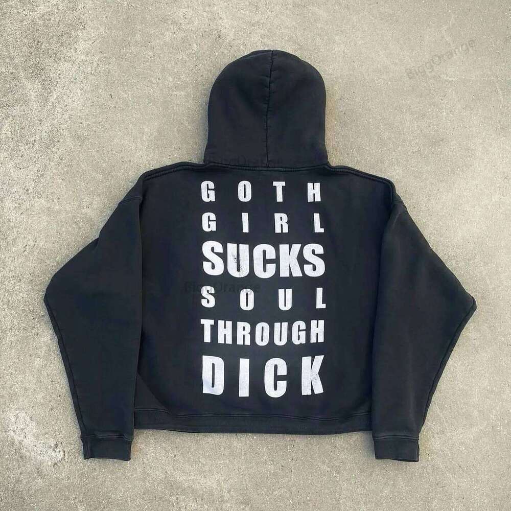 High-quality Vertical Letter Cotton Printed Pure Black Casual High Street Loose Hoodie Top Harajuku hoodies women Z260315