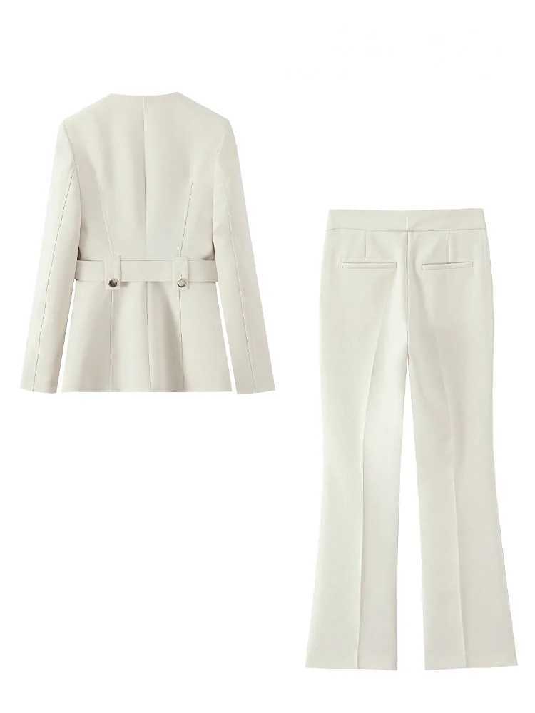 HH Women O-Neck Fashion Long Sleeve Button With Belt Suit JacketPockets Zipper High Waist Slim Pants Solid 2-Piece Set M260313