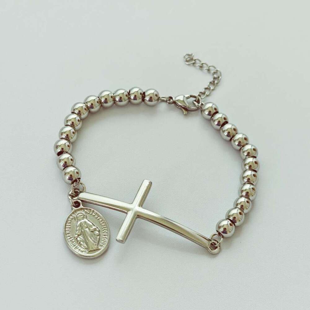 Women Jewelry Bracelets Charm Bracelets Unisex Stainless Steel Rosary Bead Bracelet Two-Sided Totem Cross Pendant Fashion Women Bracelet