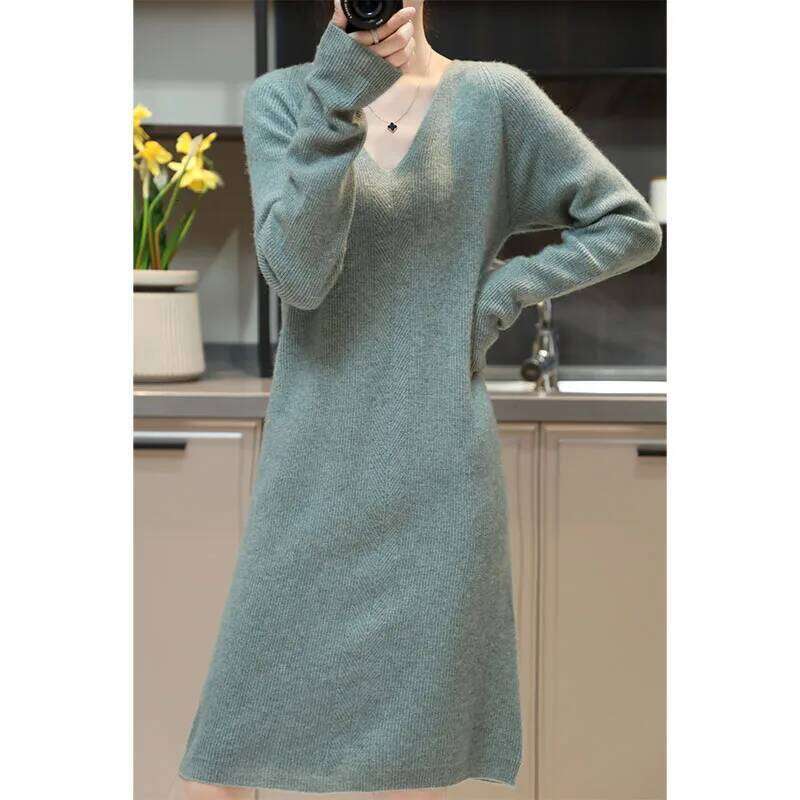 Womens Elegant Cashmere Sweater Dresses 100% Merino Wool Sexy V-Neck Casual Knitted Skirt Fall Winter Ladies Black Dress Clothes Z260314