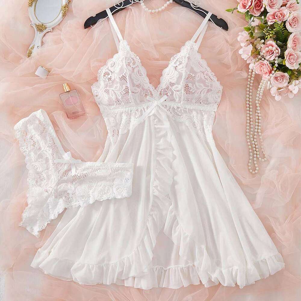 Lingerie Set Women Erotic Bra Nightdress Sexy Lace Solid Slim Soft V Neck Full Slip Sleepwear & Dresses