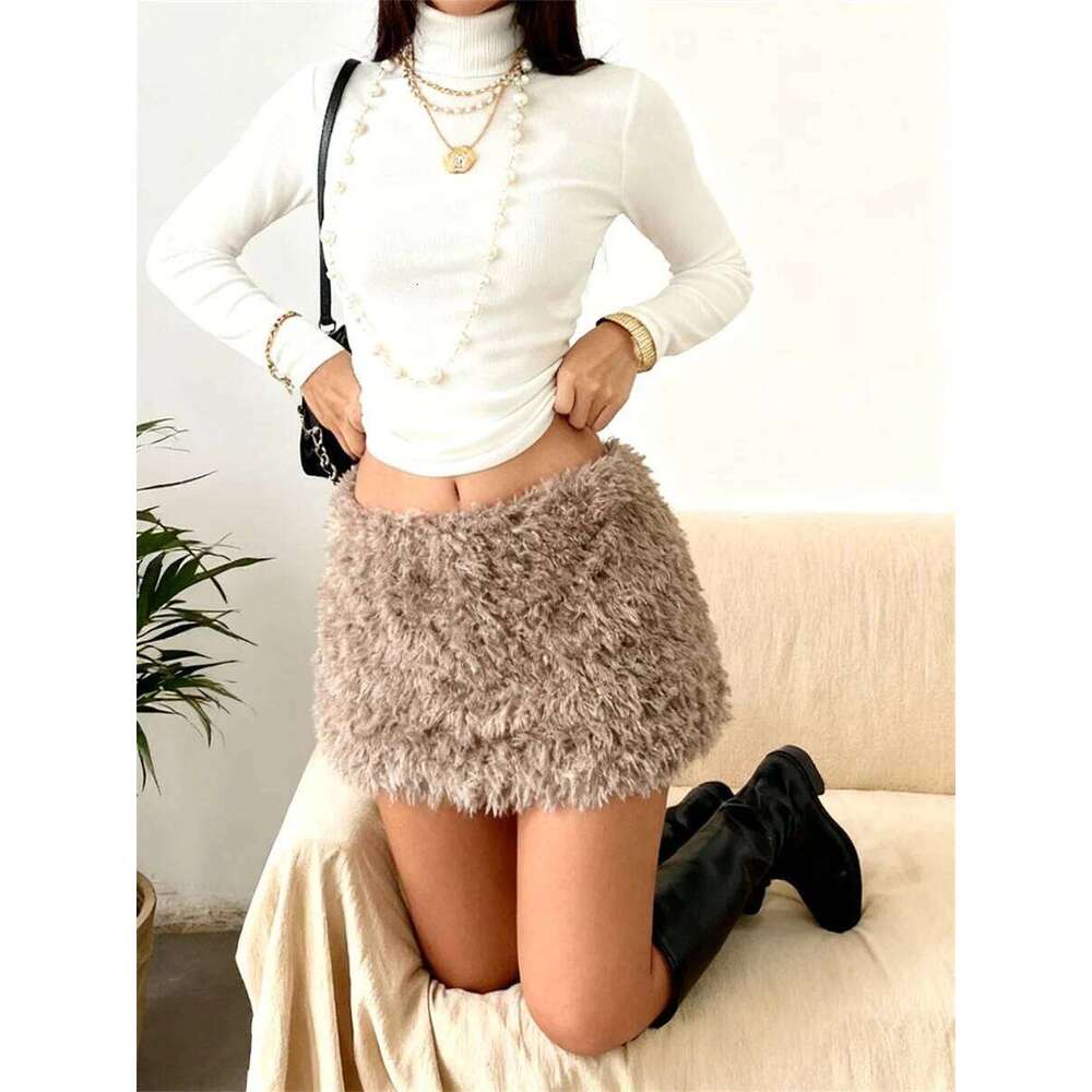 Women's Plush Furry Retro Skirts Low Waist Bodycon Mini Skirt for Party Club Chic Streetwear Z260314