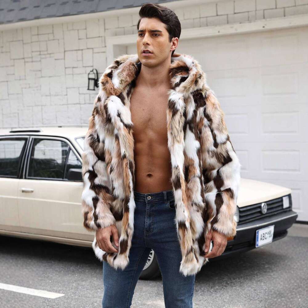 European American Autumn Winter New Fashion Men's Color-coded Casual Trendy Loose Long Sleeve Hooded Faux Fur Coats Male Tops Z260313