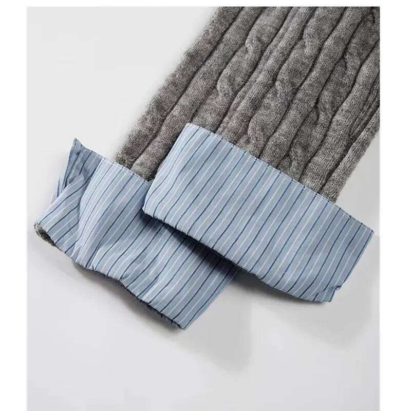 Grey Fake two-piece spliced Polo collar Long sleeved Knitted Sweater For women Autumn Winter College style Short Outwear Top Z260313