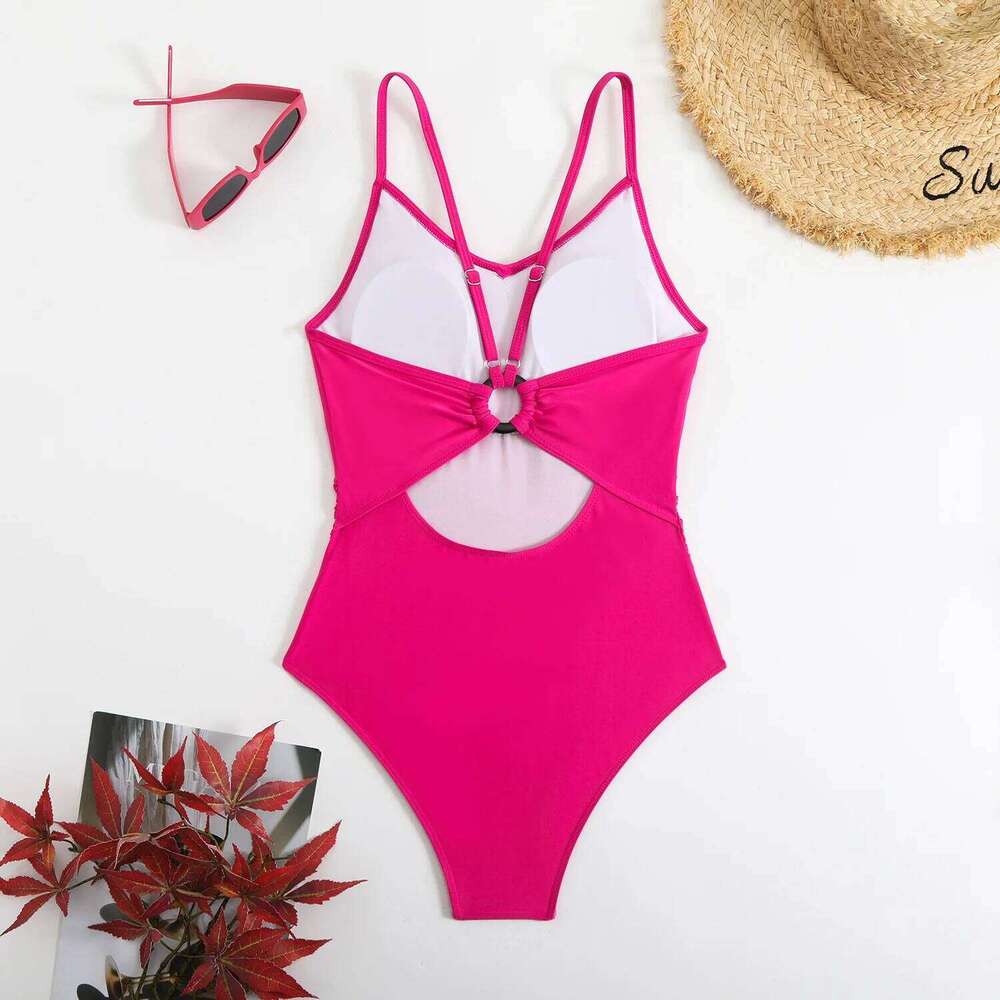 Women solid back hollow out ring swimsuit one piece bikinis Swimwear high waist bathing suit beach outfits bodysuit biquini Y260303