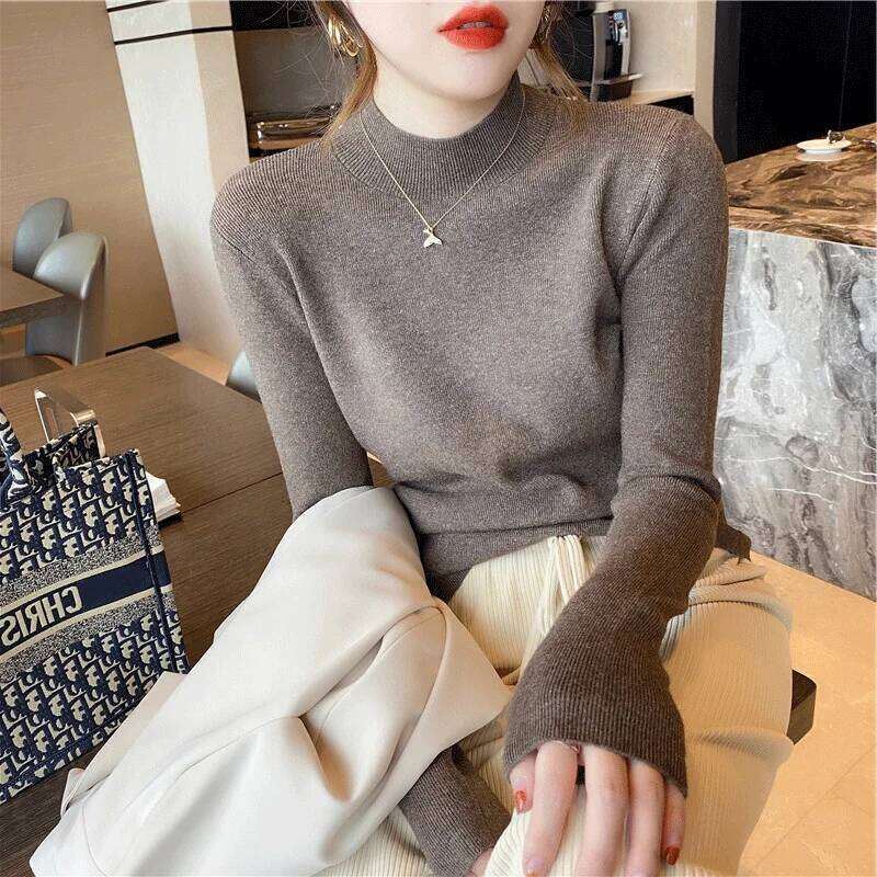 Autumn Winter Women Mock neck Sweaters Pullover Tops Knitwear Fashion Female Long Sleeve Skinny Elastic Casual Knitted Shirts Z260313