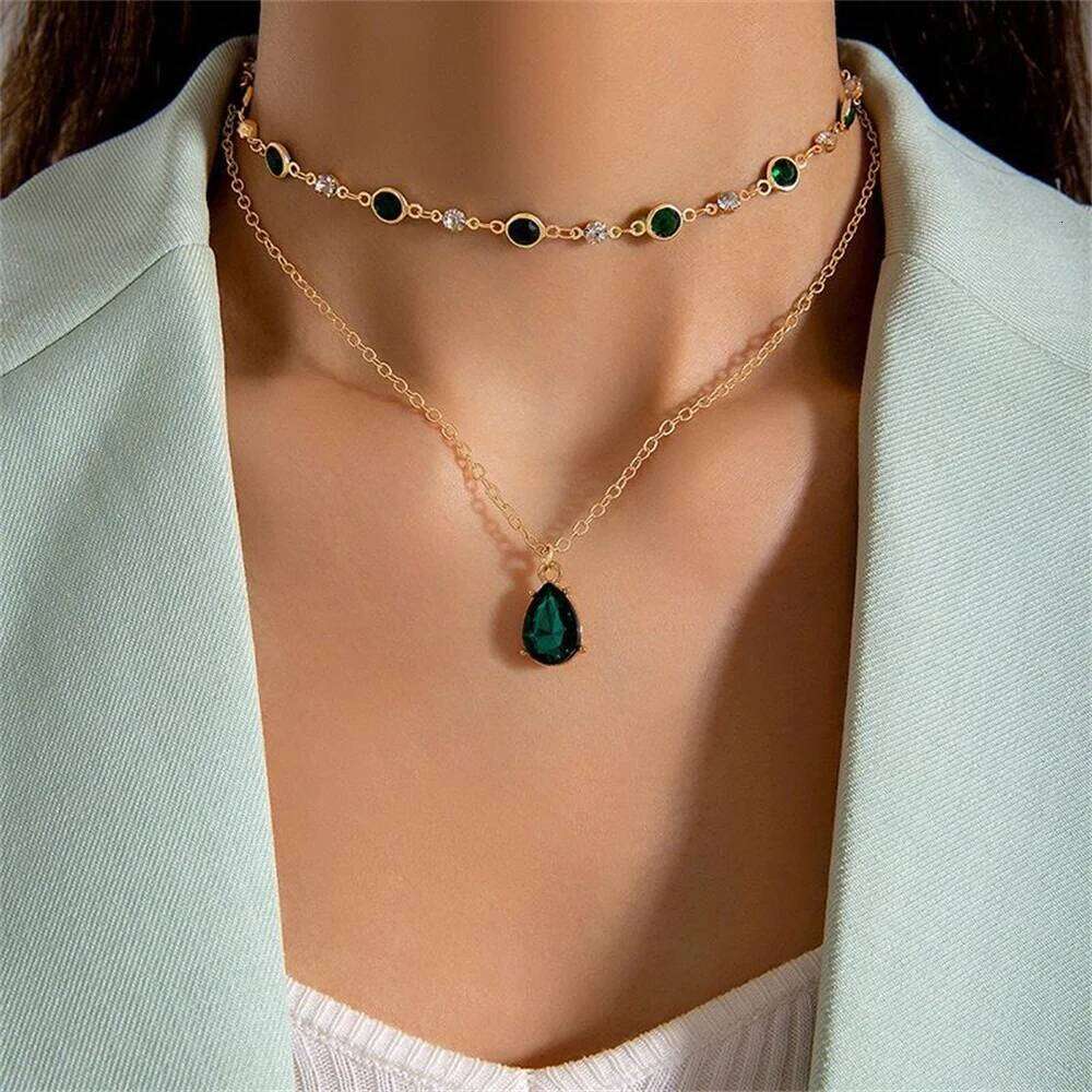 Fashion Boho Gold-plate Crystal Chain Green Water Drop Pendant Female Necklace For Women Vintage Baroque Choker Jewelry Gift H260312