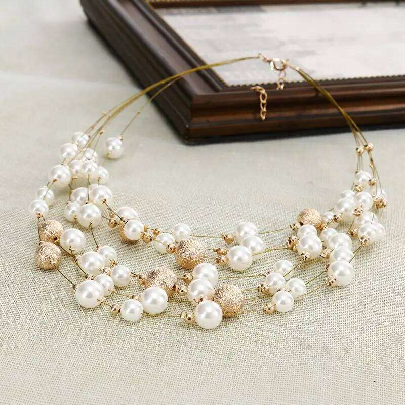 KMVEXO 2020 New Fashion Jewelry Gold Color Multi Layer Chains Imitation Pearl Necklaces For Women Party Wedding Bride Necklace H260312