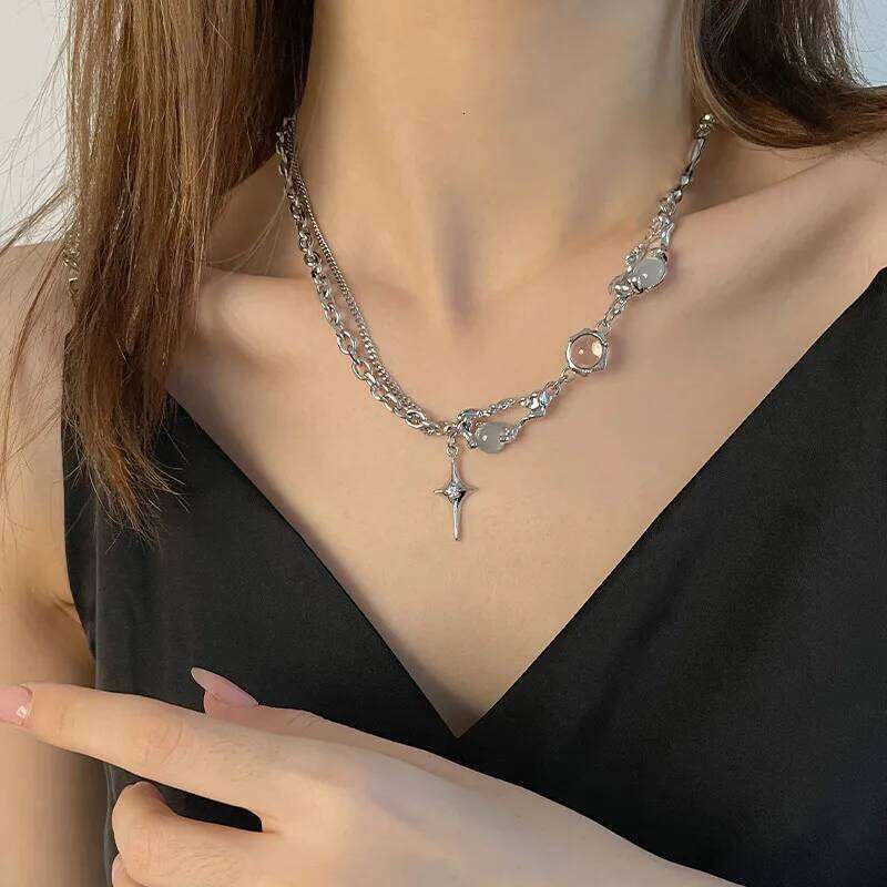 Kpop Fashion Shiny Star Necklace for Women Y2K Crystal Zircon Cross Pendant Necklaces Girls Antique Silver Color Clavicle Chain H260312