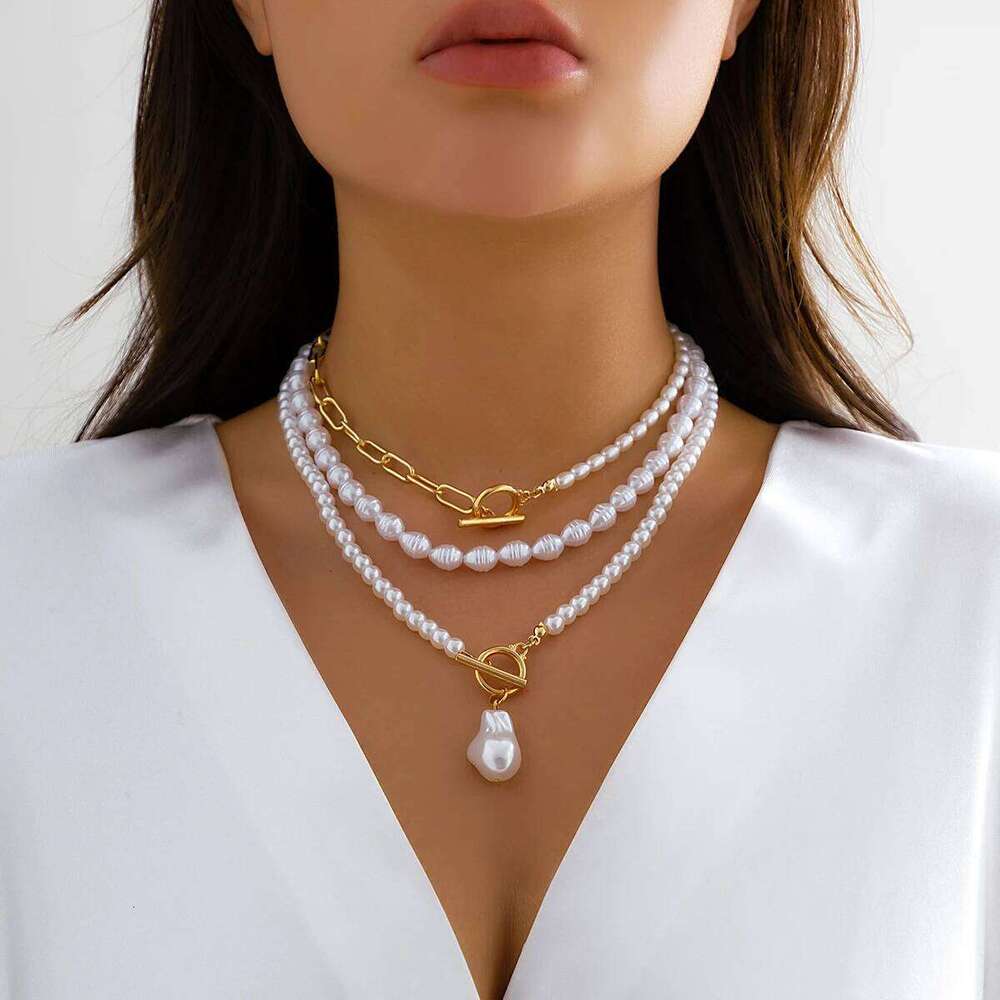 Ingemark Multilayer Imitation Pearl OT Buckle Pendant Necklace Women Wed Bridal Goth Bead Chain Y2K Accessories Neck Jewelry H260312