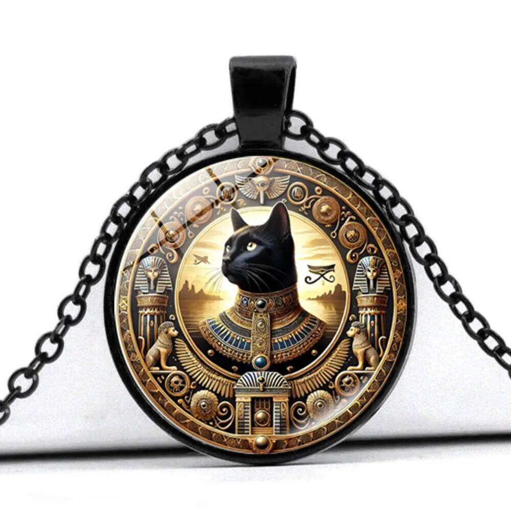 Ancient Egyptian Geometry Circle Buster Cat Time Gemstone Pendant Necklace for Women Retro Sweater Chain Animal Creative Jewelry H260312