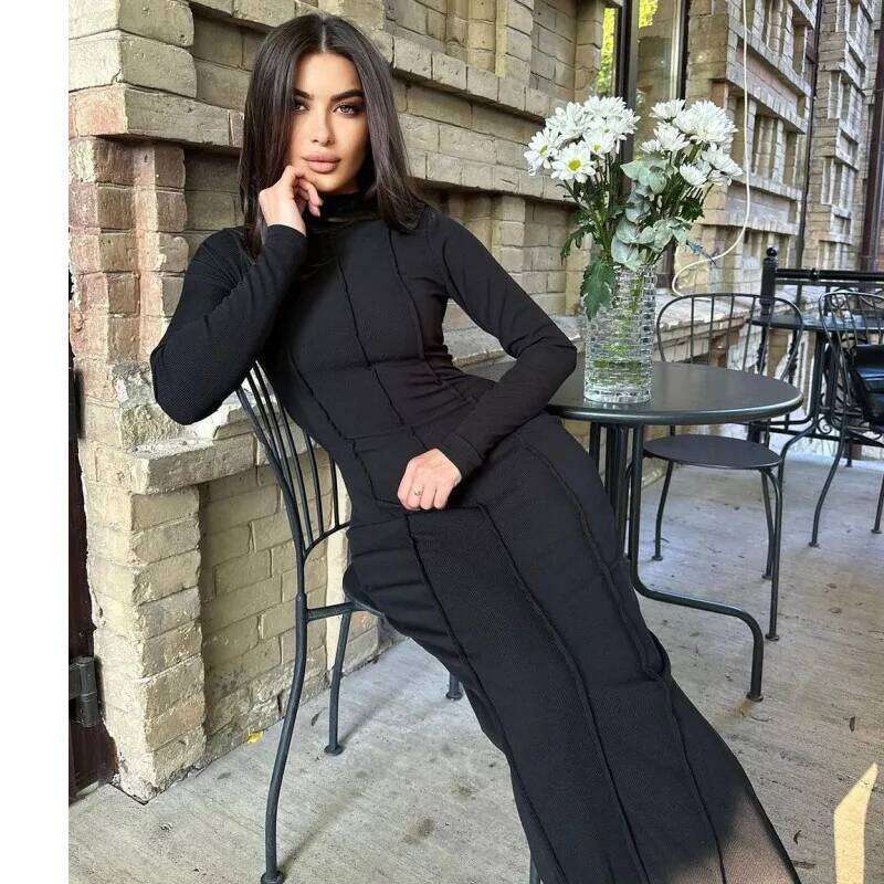 Elegant Solid Color Knit Dress 2025 Fall Women Long Sleeve Bodycon Stretch Ribbed Office Daily Wear Slim Fit Casual Dresses Z260314